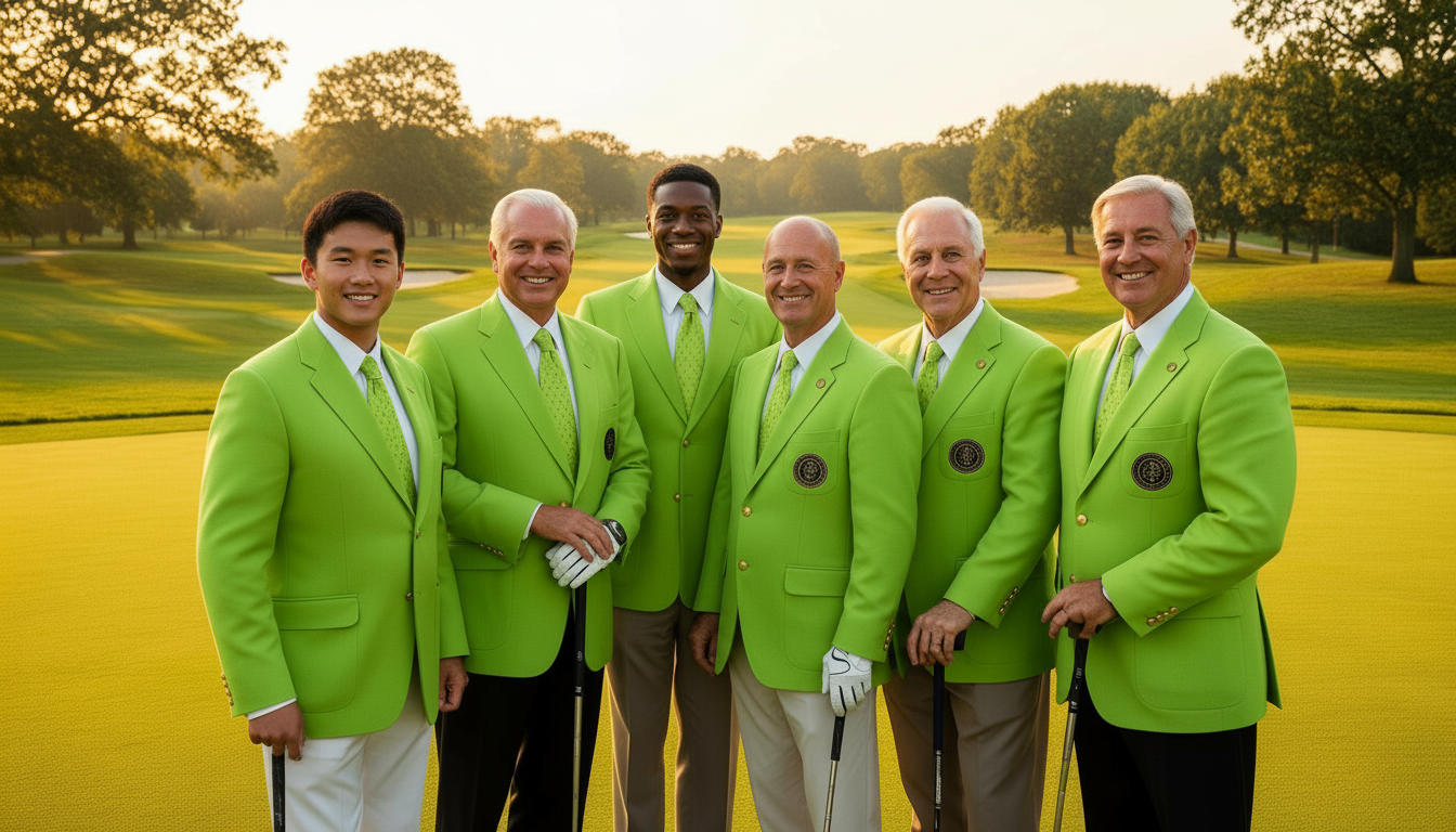 Proud members of The Wedge wearing signature lime green blazers on the golf course